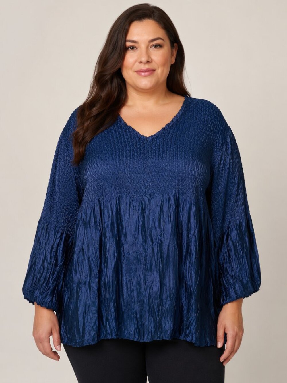 Cato Woman Navy Blue Crinkle Textured V-Neck Blouse Plus Size 26/28W 3/4 Sleeve